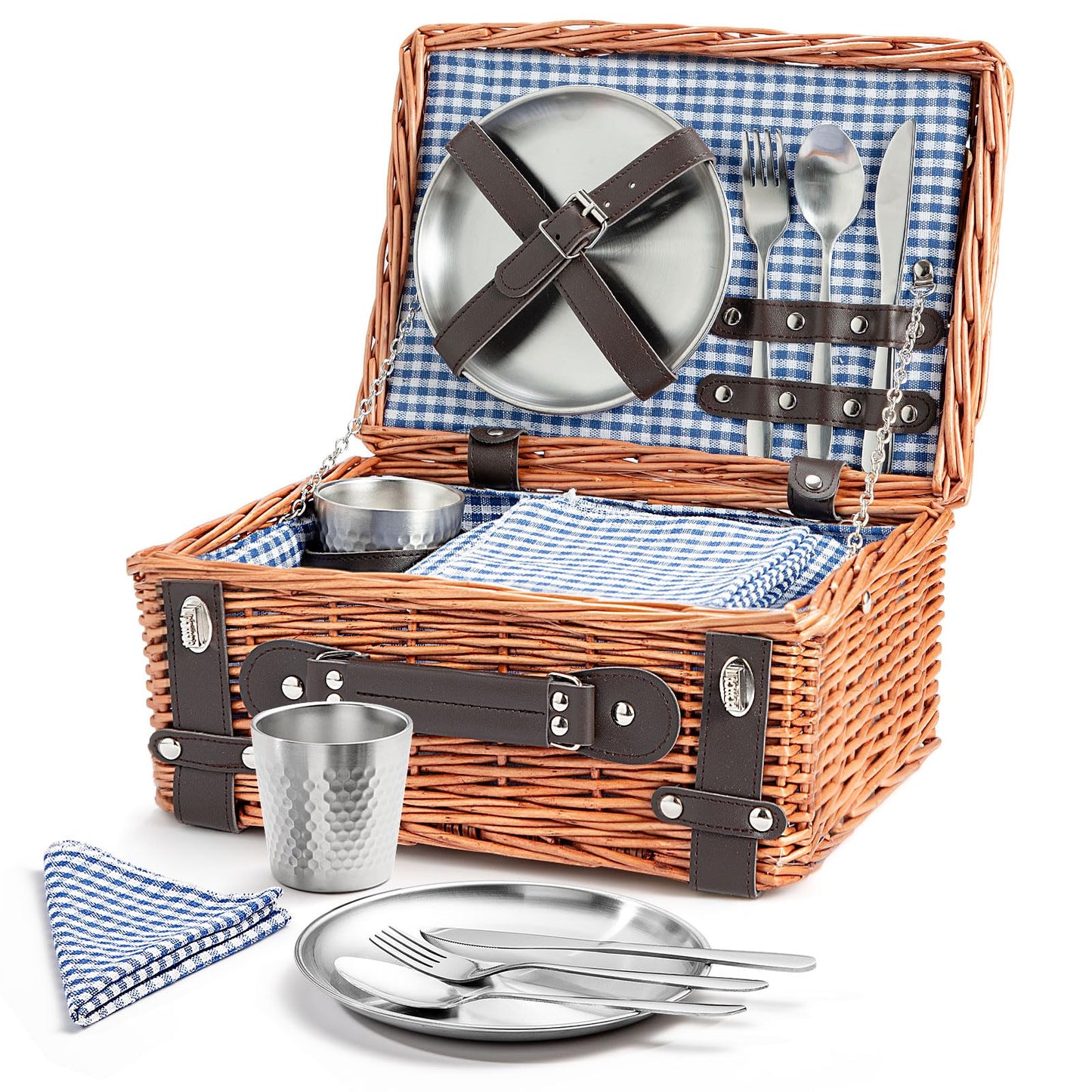 Weavvy Picnic Basket Set for 2, Wicker Picnic Baskets with Waterproof Blanket and Cutlery Service Kit, Willow Hamper for Camping, Outdoors, Valentine's Day, Christmas, Birthday, Wedding Gift