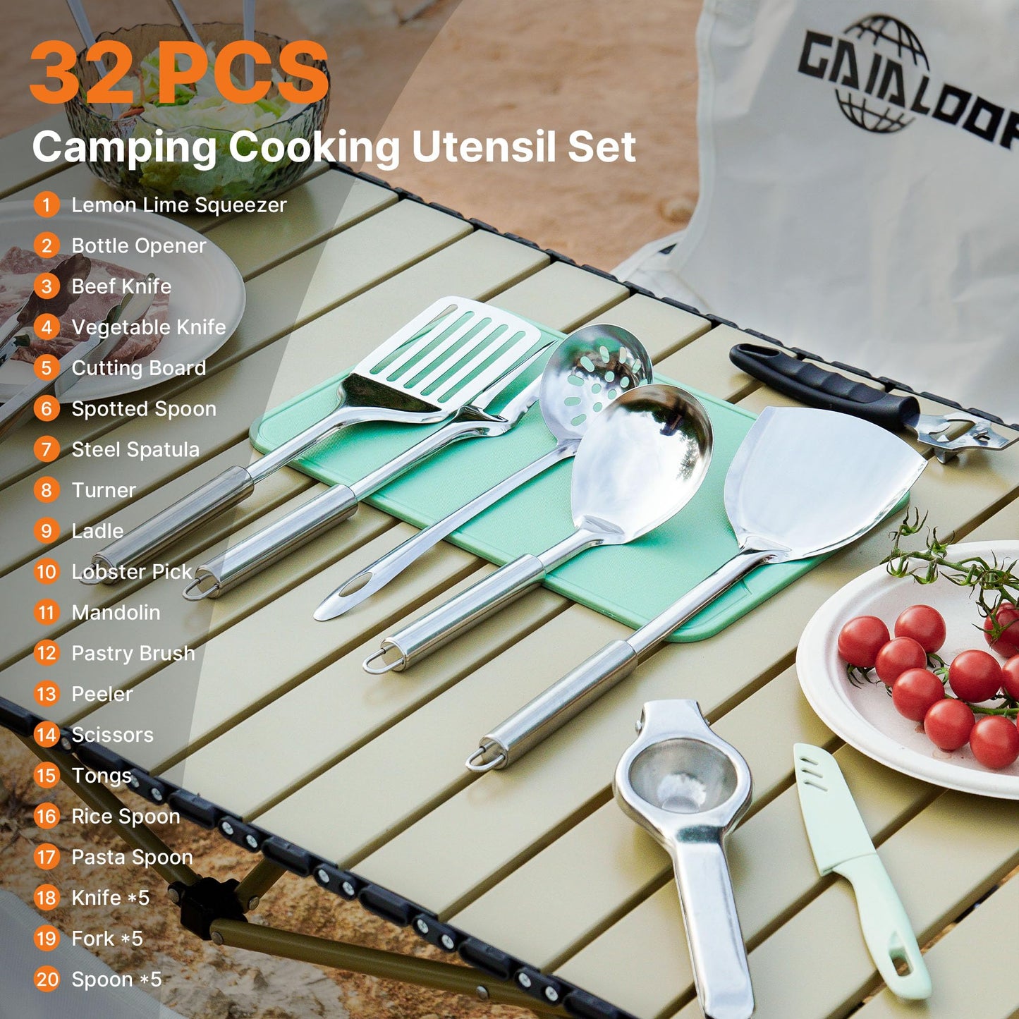 GAIALOOP Camping Cooking Utensils Set 32 PCS Camp Kitchen Cookware Kit with Organizer Bag, Portable RV Camping Essentials Camper Must Haves for Cookouts Open Fire Pit