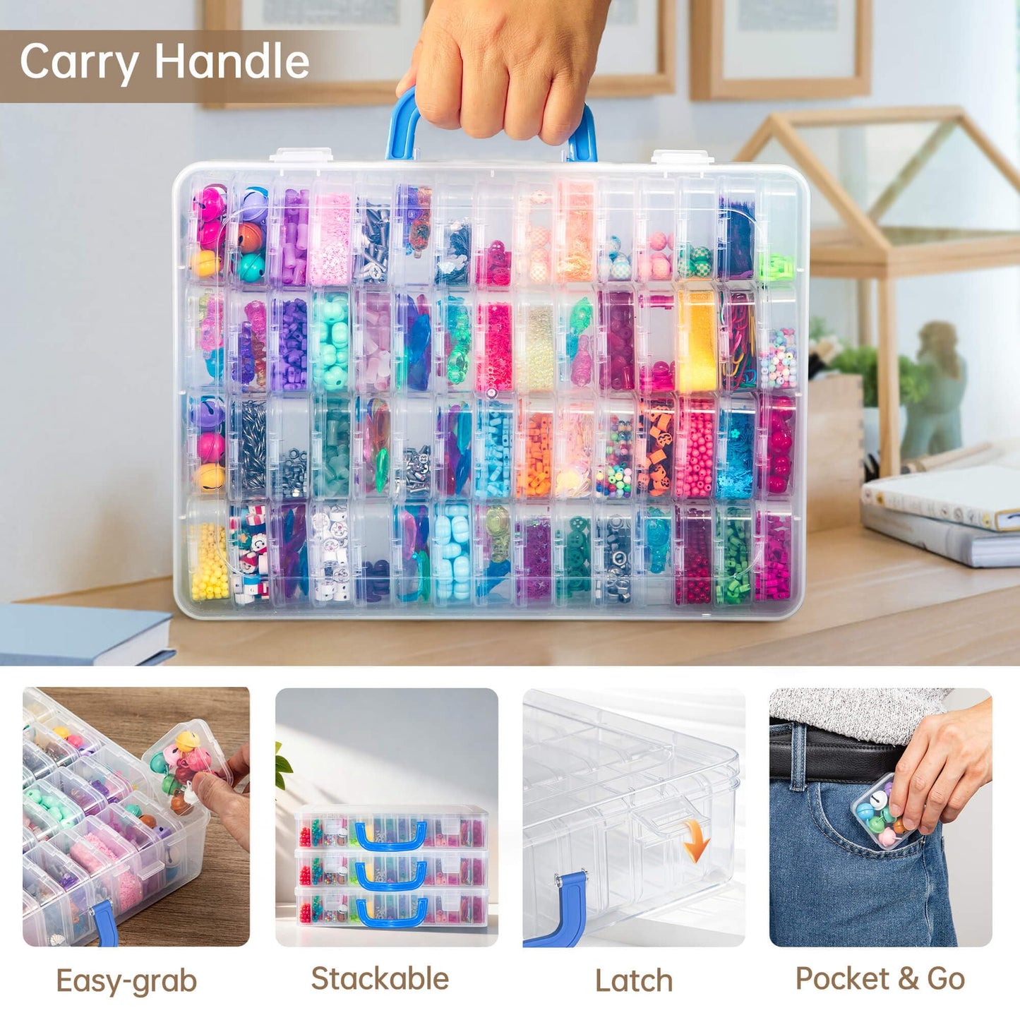 Bead Organizer Box with Handle, 61Pcs Small Bead Storage Boxes with Hinged Lid and Portable Craft Case, Mini Clear Plastic Container for Jewelry Making Supplies Bracelet Screws Seeds Nails Small Parts
