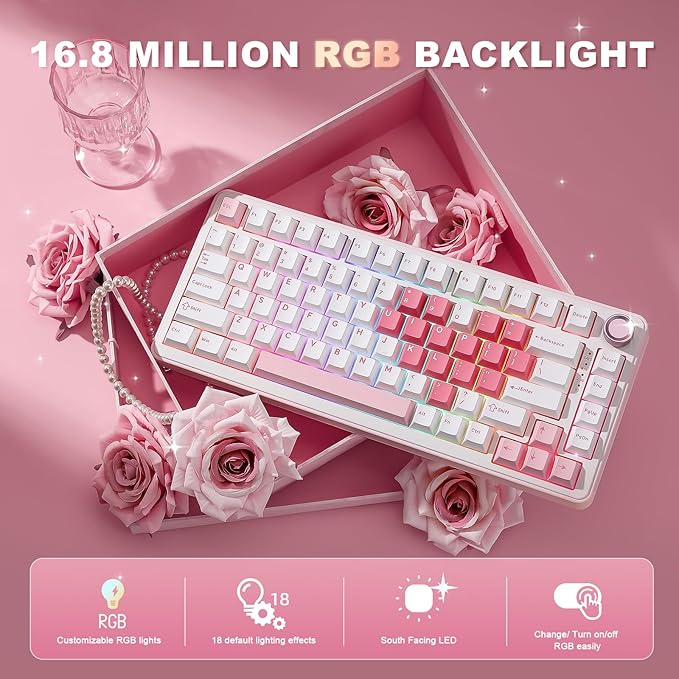 YUNZII B75 PRO Wireless Mechanical Keyboard,75% Layout with Knob,Hot Swap Gasket Structure,Creamy Pre-lubed Switches,RGB Backlit,Bluetooth/Type-C/2.4G for Win/Mac (White, Milk Switch)