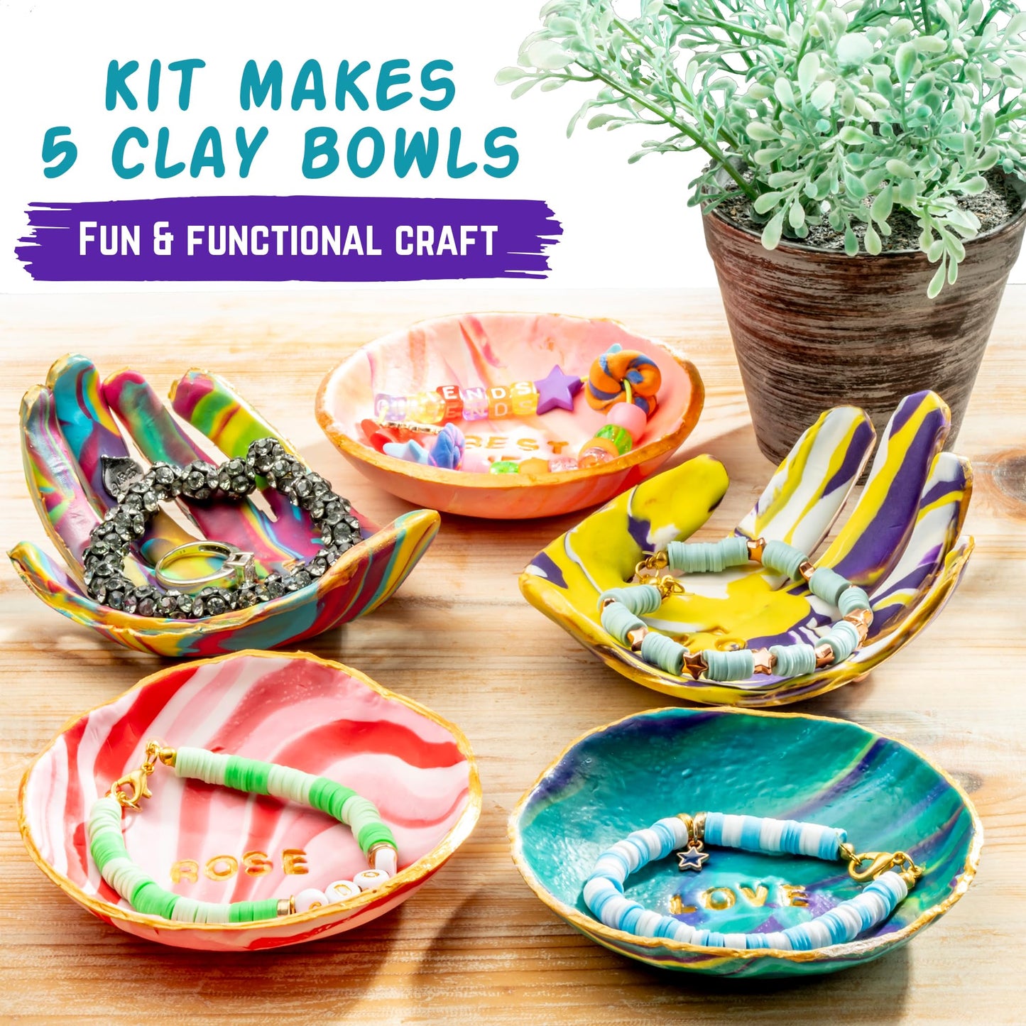 Original Stationery Craft Kits Trinket Dish Studio - Multicolor, 40 Pieces, Air-Drying Clay & Tools - Jewelry Dish Making Kit & DIY Clay Jewelry Bowls