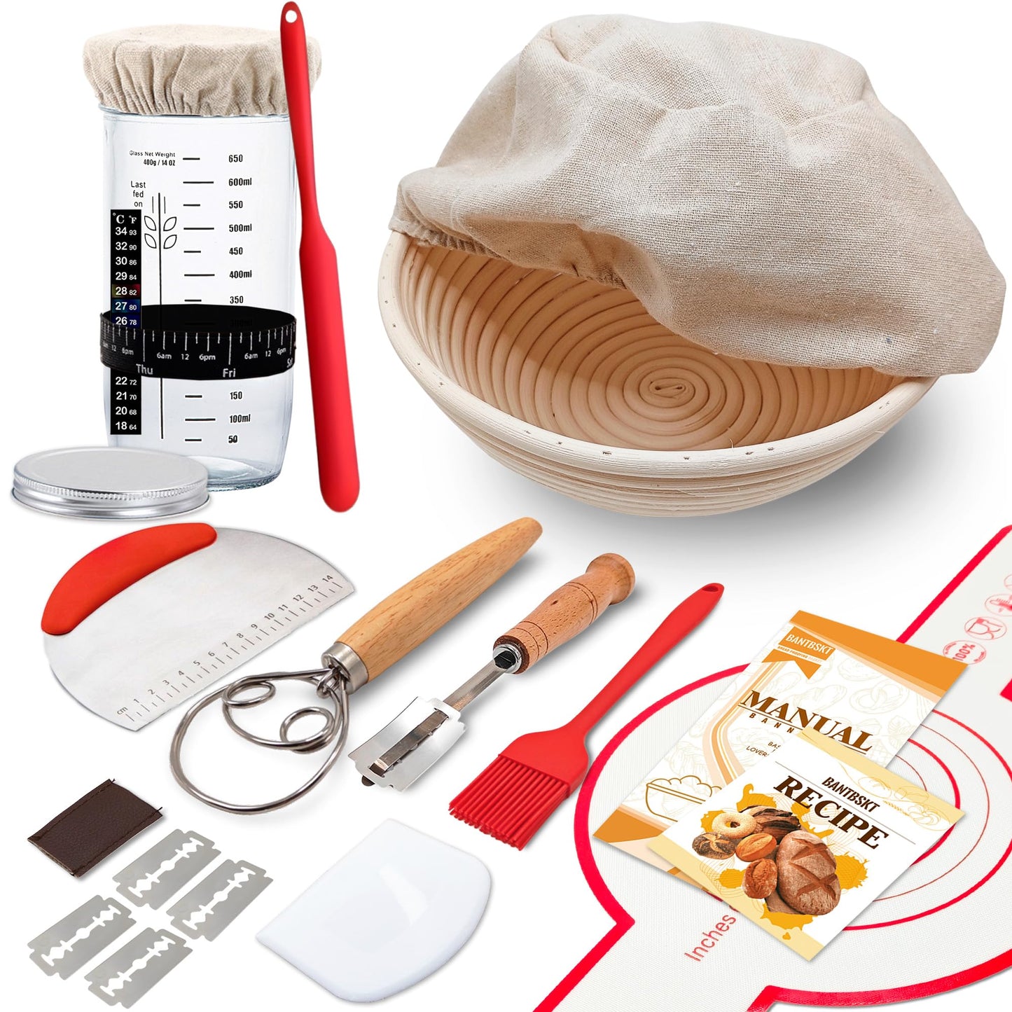 Complete Sourdough Starter Kit, Sourdough Bread Baking Supplies, Banneton Bread Proofing Basket with Sourdough Starter Jar, 9inch Round Bread Proofing Basket, for Bread Baking