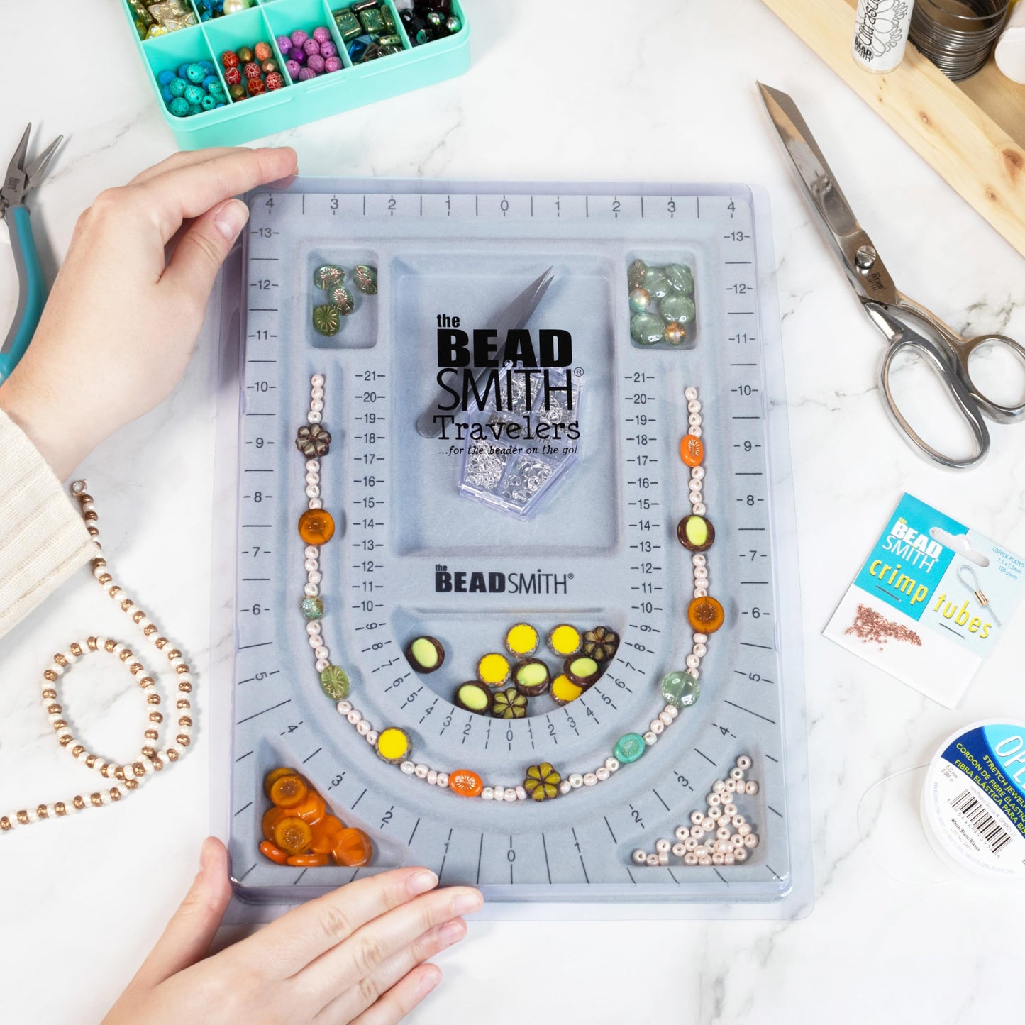 The Beadsmith Bead Board with Cover, Grey Flocked, 3 U-Shaped Channels, 6 Recessed Compartments,13.25H x 9.75L inches, Design Boards for Creating Bracelets, Necklaces and Other Jewelry