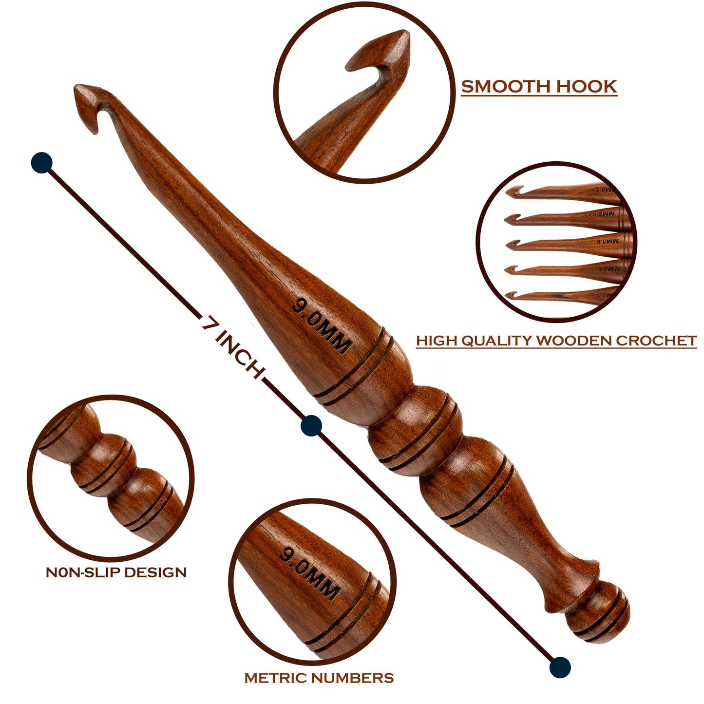 Bhartiya Handicrafts Wooden Crochet Hooks Set, 12pcs Ergonomic Knitting Needles - Rosewood, 3.5mm(E) to 12mm(P) - Includes Holder