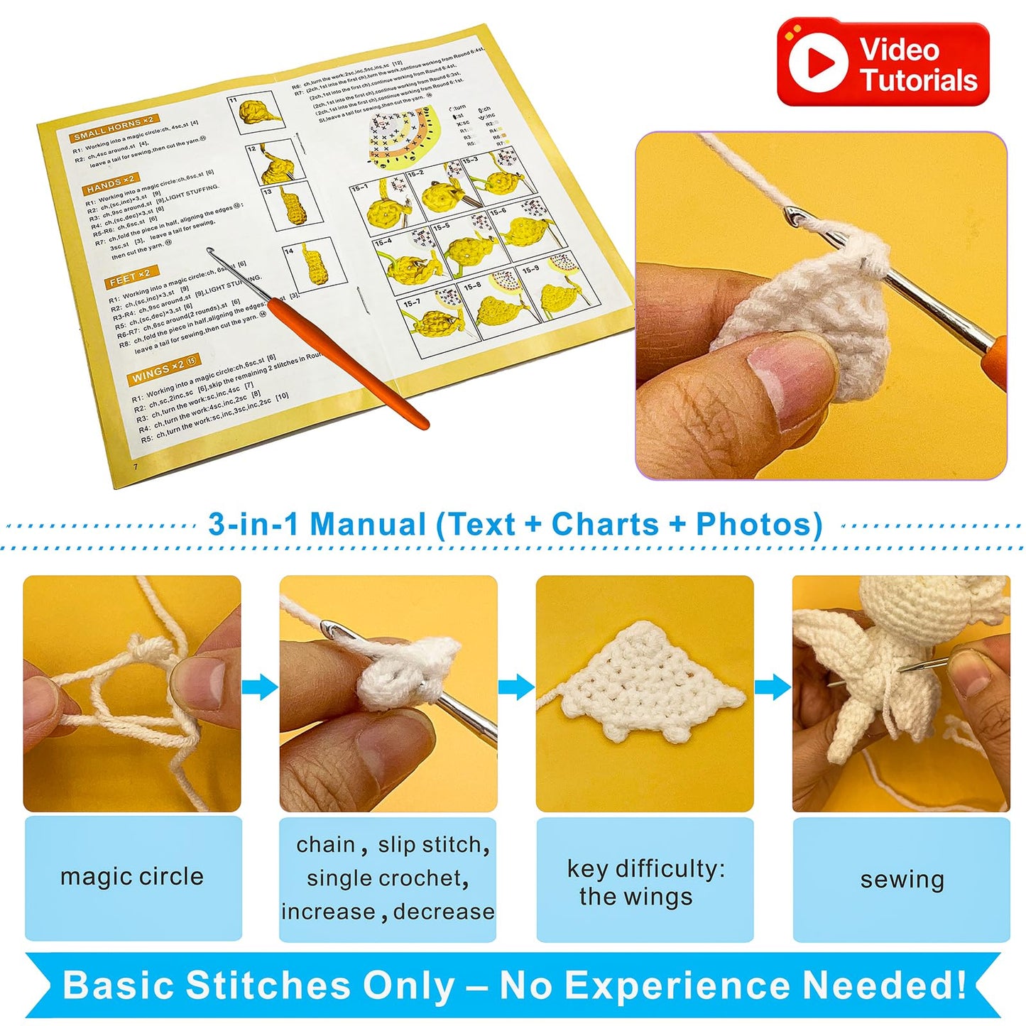 LuNuaFvy Crochet Kit for Beginners Kids & Adults - Complete Animal Starter Kit to DIY 2 Cute Amigurumi Dragons, Easy-Follow Book & Video Tutorial (4hr), Soft Yarn, 2 Bags(Gift & Storage)