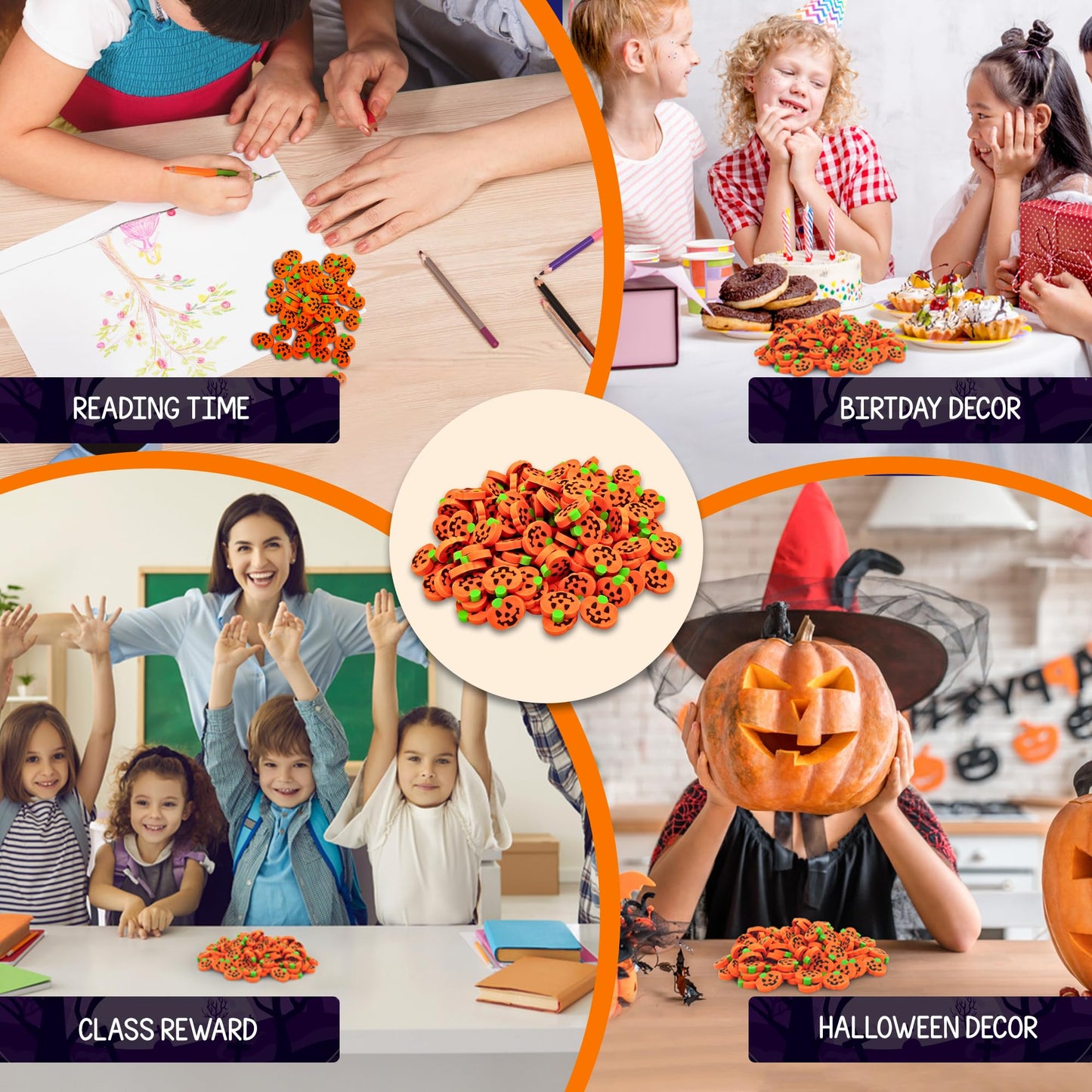 4E's Novelty Mini Pumpkin Erasers Bulk 144 pcs - Fall Halloween Erasers for Kids Bulk, for School, Classroom Reward Prize, Trick or Treat, Trick or Treat Halloween Non Candy Treats