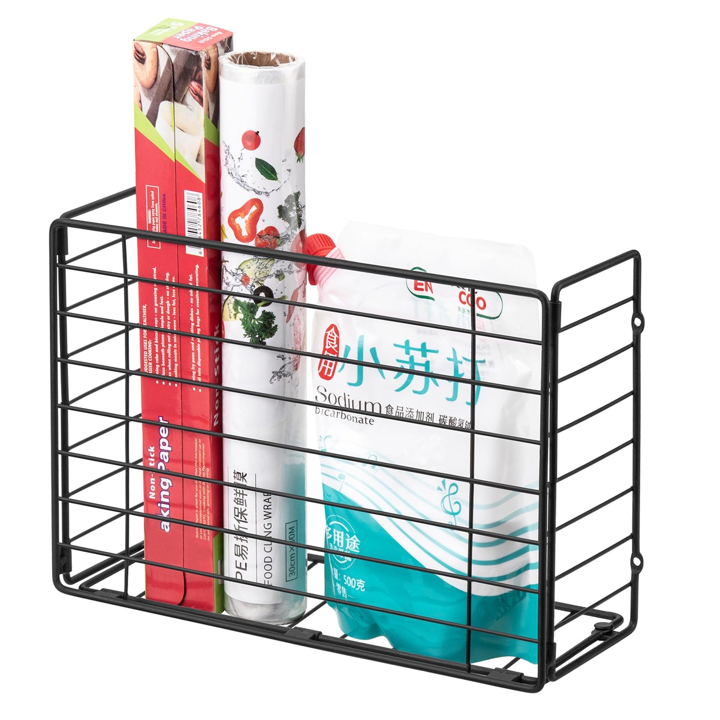 Lonian Wall Mounted Storage Basket, Black Metal Wire Kitchen Wrap Organizer Rack, Heavy Duty Hanging Basket for Cabinet Door, Pantry, Cutting Boards, Foil, and Cleaning Supplies
