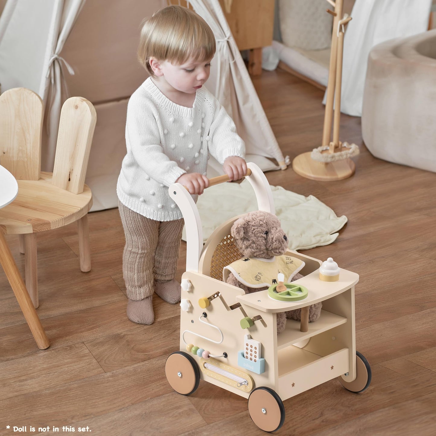 ROBOTIME Wooden Baby Walker, Baby Push Walker, Baby Activity Center Toys - Toddler Walking Activity Center Push Toys with Safety Brake, Baby Walker for Motor Skills (Rattan Doll Walker)