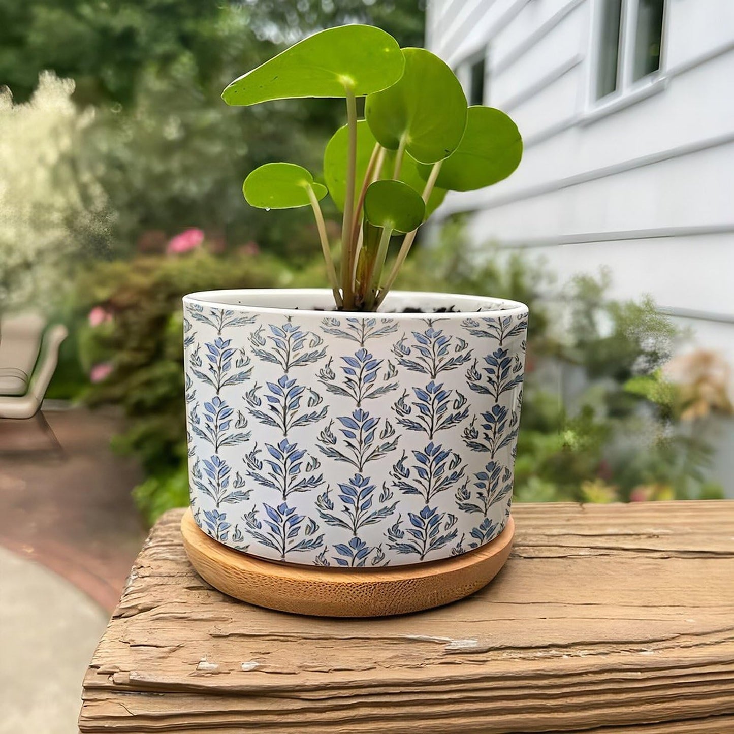 BRUYU5SE Mughal Flower Ceramic Planters Blue Floral Snake Plant Live Indoor with Pot with Drainage Holes and Saucers Pot for Indoor Outdoor Garden