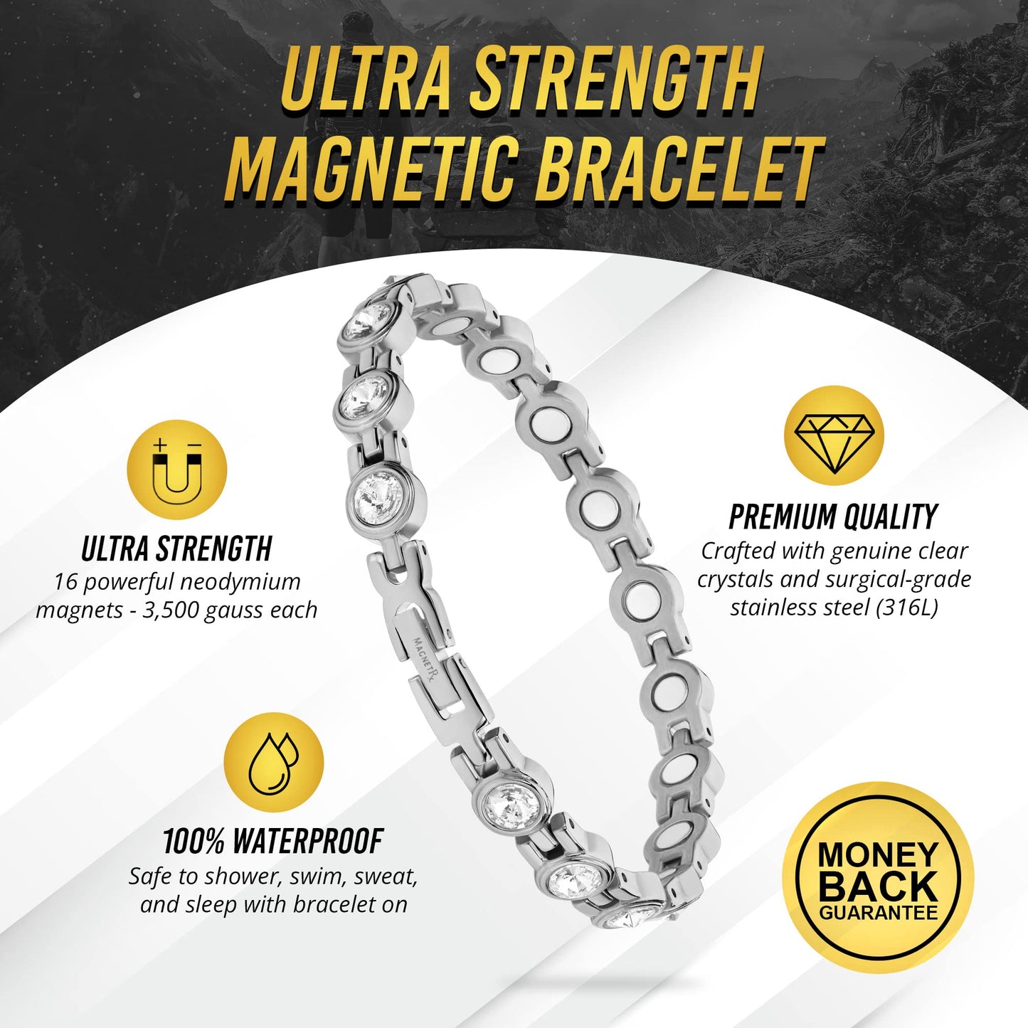 MagnetRX® Women’s Magnetic Bracelet – Elegant Magnetic Crystal Bracelets for Women – Adjustable Length with Included Sizing Tool (Silver)