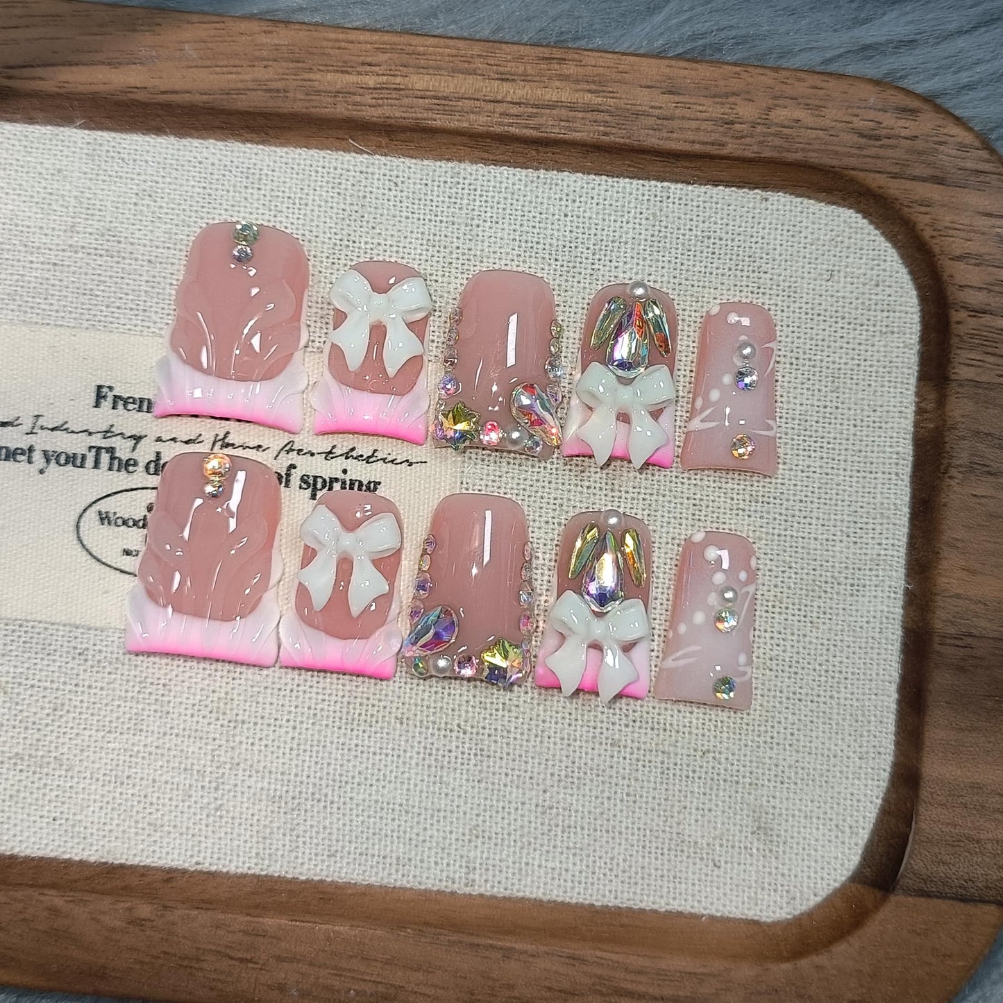 TENPAL 10Pcs Ballerina Press On Nails With Tools,3D Bow Flushed French Tip Fake Nails with Crystals Bow,Icy Pink Duckbill Nails with Glitter Sweet Punk Designs,Acrylic Glue on Nails for Pool Party(M)