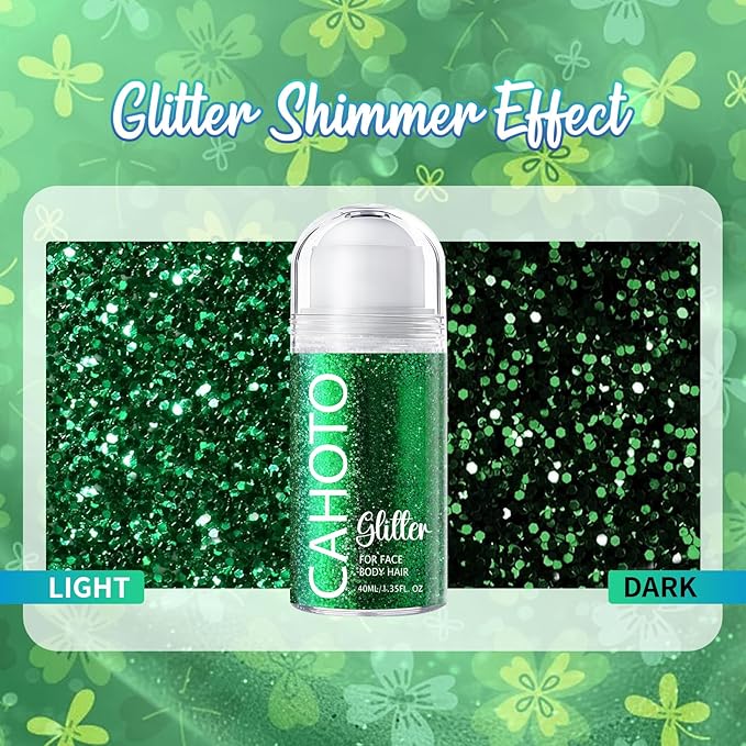 CAHOTO Green Rolling Glitter for Face Body & Hair, Roll-on Sequins for St. Patrick's Day, Sparkling Accessories for Christmas Concert Rave Festival Halloween Party Mardi Gras Carnival, 1.35fl.oz
