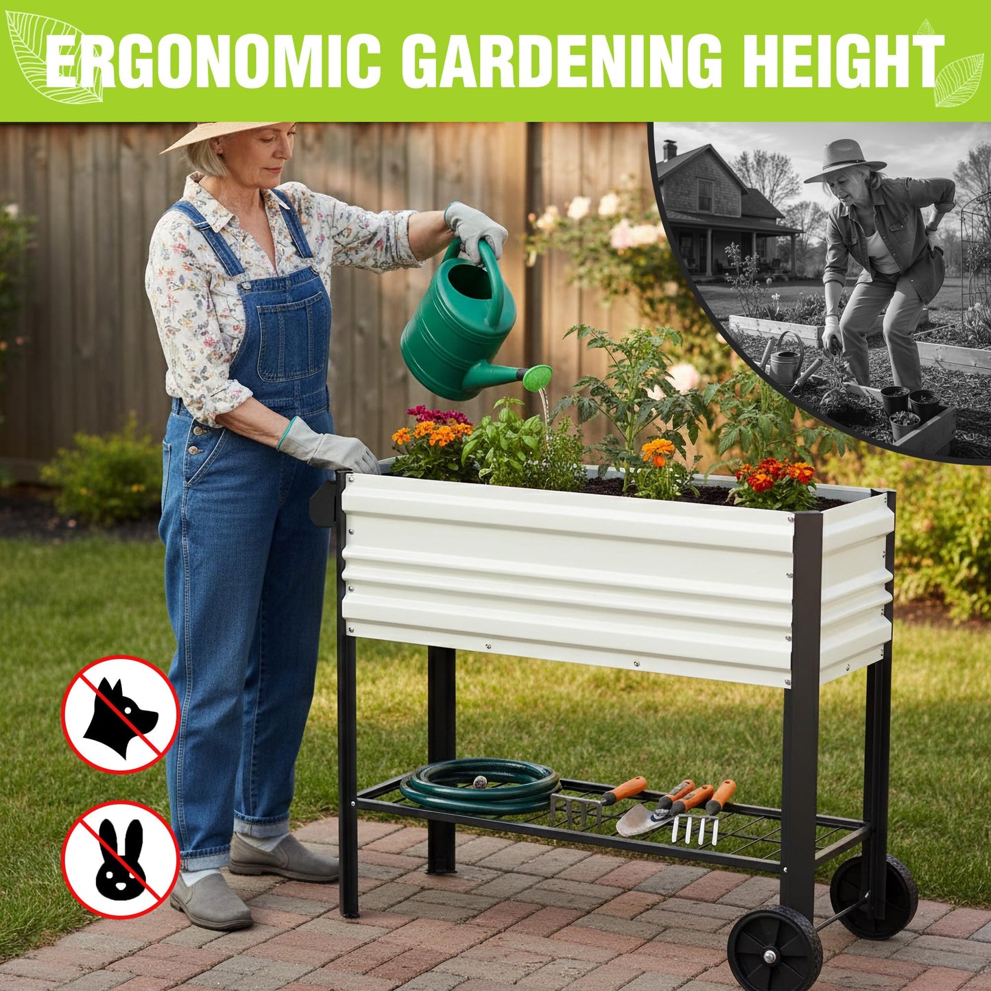 WORKPRO Galvanized Raised Garden Bed with Legs & Wheels, 37x14.6x31.6in, 400LB Capacity Elevated Planter Box for Garden, Backyard, Patio & Deck, White