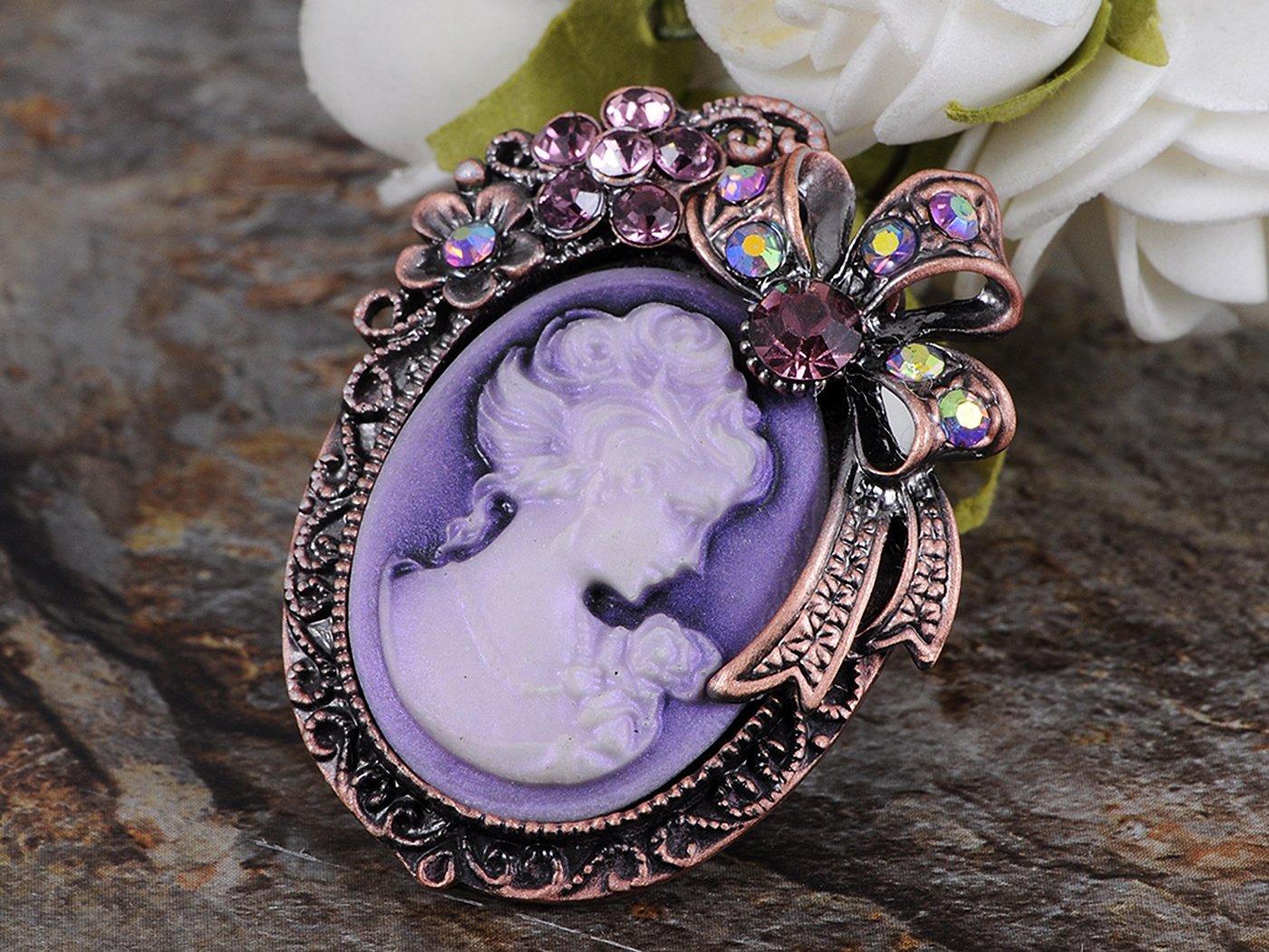 Alilang Vintage Inspired Rhinestone Victorian Lady Cameo Brooch Pin Flower Ribbon Bow Pendant Lavender Purple