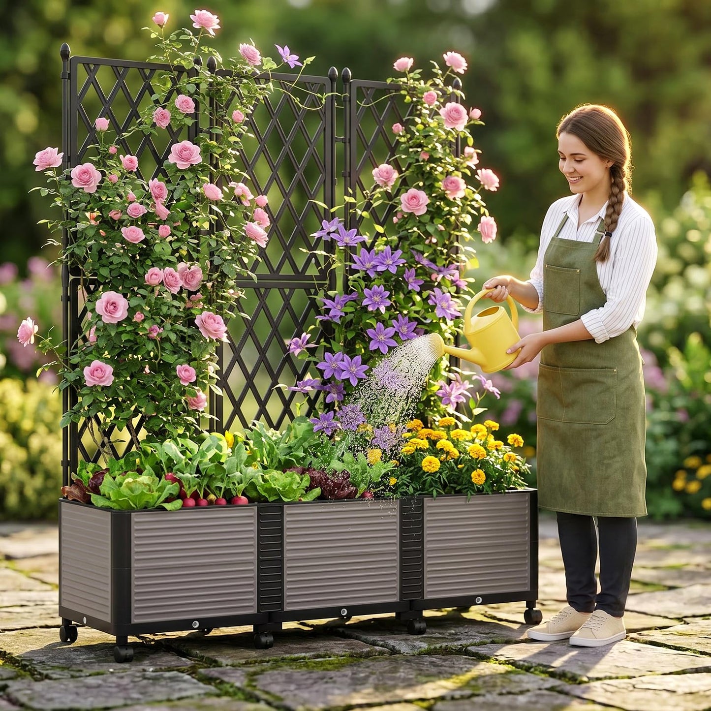 DoCred 63" H Raised Garden Bed Planter Box with Trellis, Floorstanding Vertical Horticulture Planter Box Tomato Cage with Wheels for Vine Climbing Plants, Flowers, Herbs