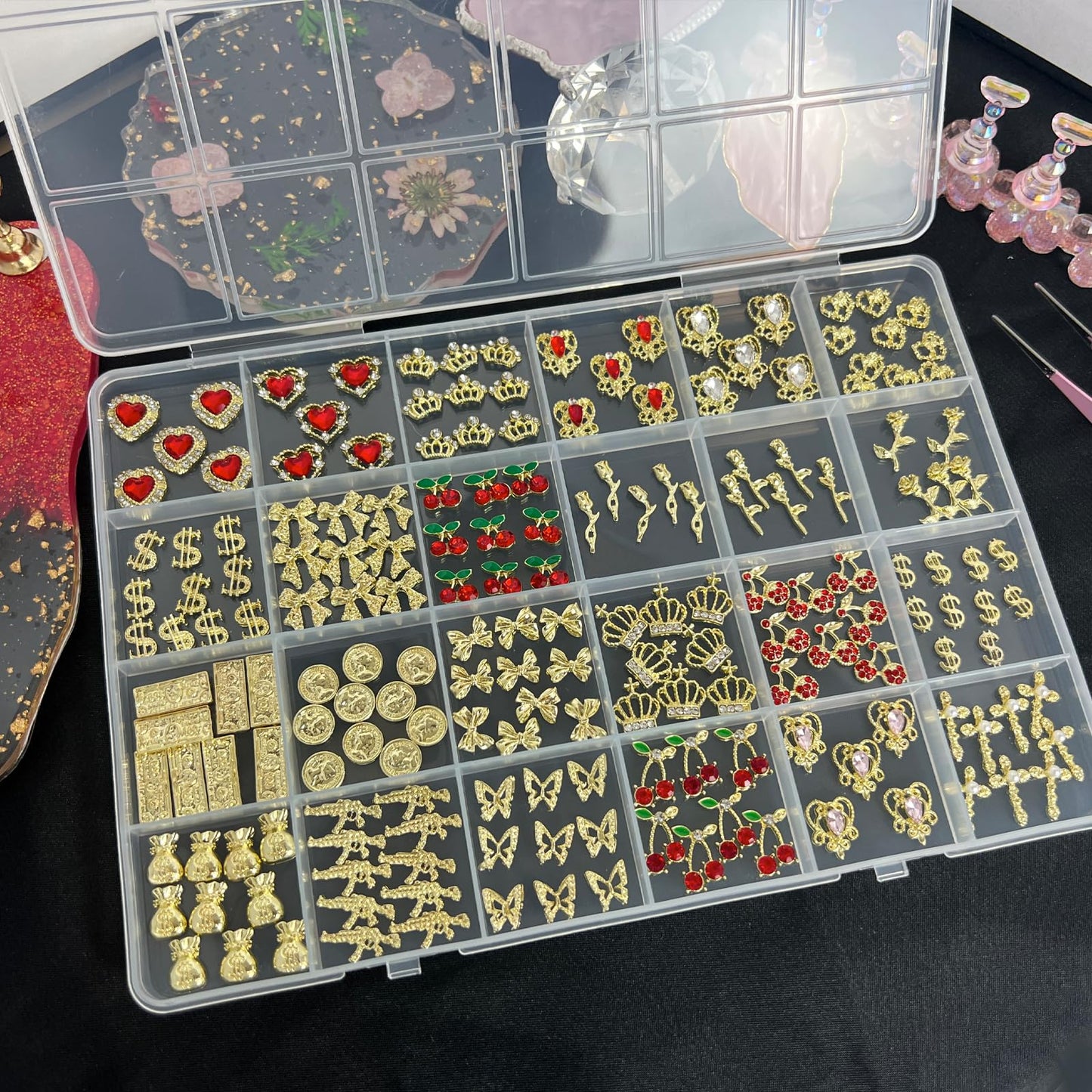 KINGNAME 200 PCS Gold Nail Charms Set with Hearts, Crowns, Cherries, Dollar Signs for Nail Art Decoration Jewelry