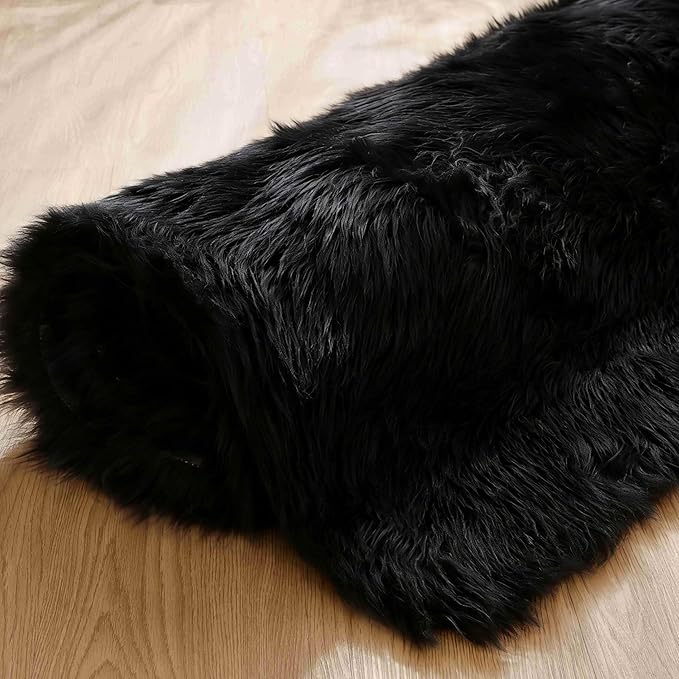 Goolela Black Sheepskin Area Rug 8x10 Fluffy Fuzzy Furry Shag Carpet for Living Room Bedroom Faux Fur Plush Rectangle