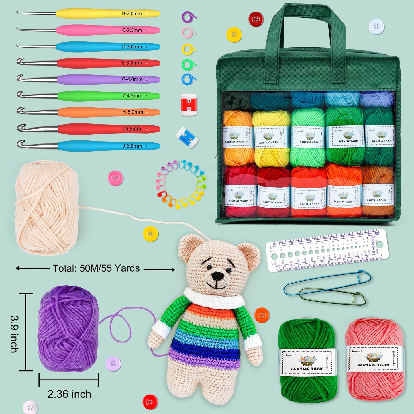 INSCRAFT Crochet Yarn Kit for Beginners Adults and Kids, Includes 1650 Yards 30 Colors Acrylic Skeins, User Manual, Hooks, Dark Grass Bag etc, Make Amigurumi & Projects, Starter Set for Professionals