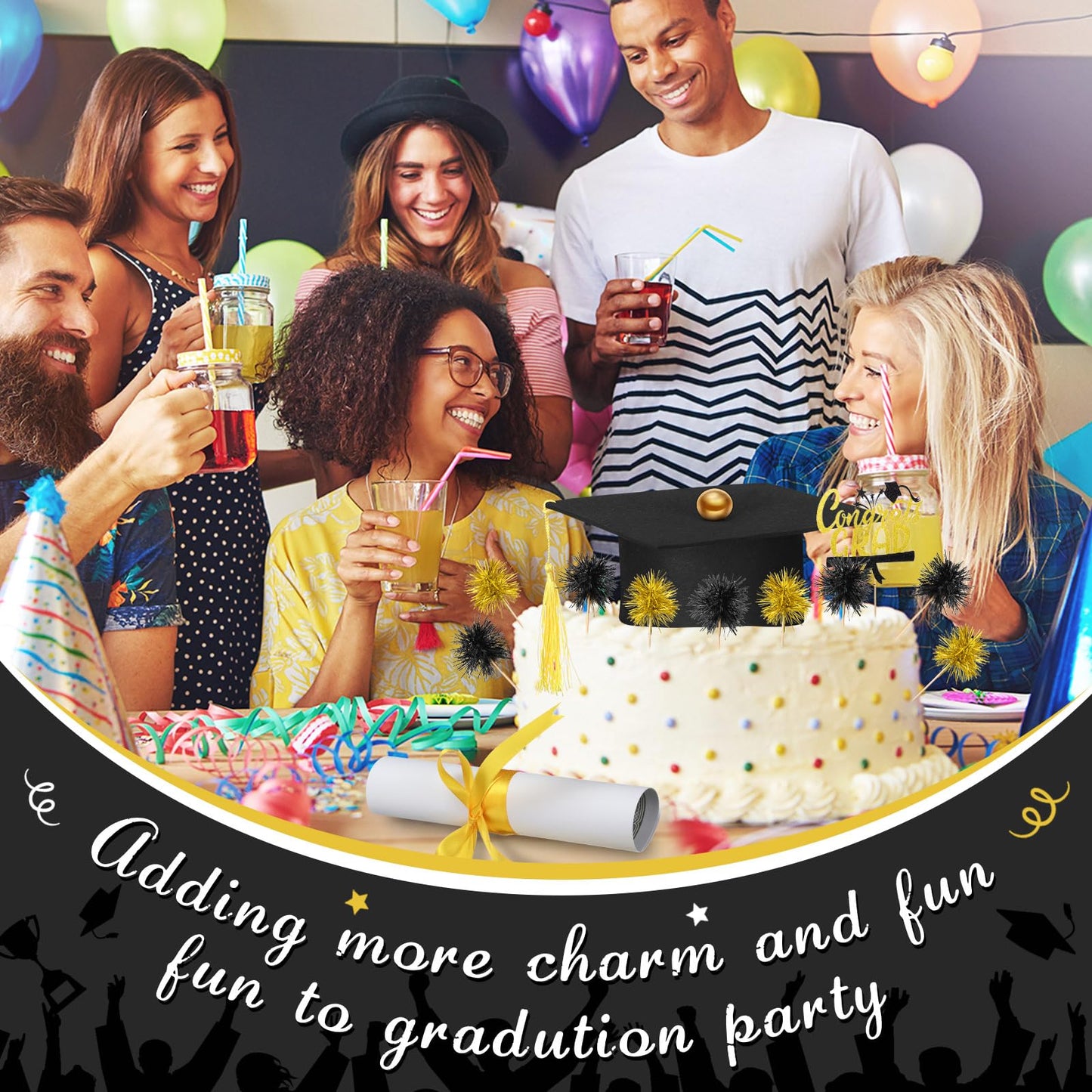 Ctosree 16 Pcs Graduation Cake Kit Graduation Cake Topper Included Felt Graduate Cap with Tassel Firework Cupcake Toppers Grads Cupcake Topper Diploma Decor for Wedding Graduate Party(Black Gold)