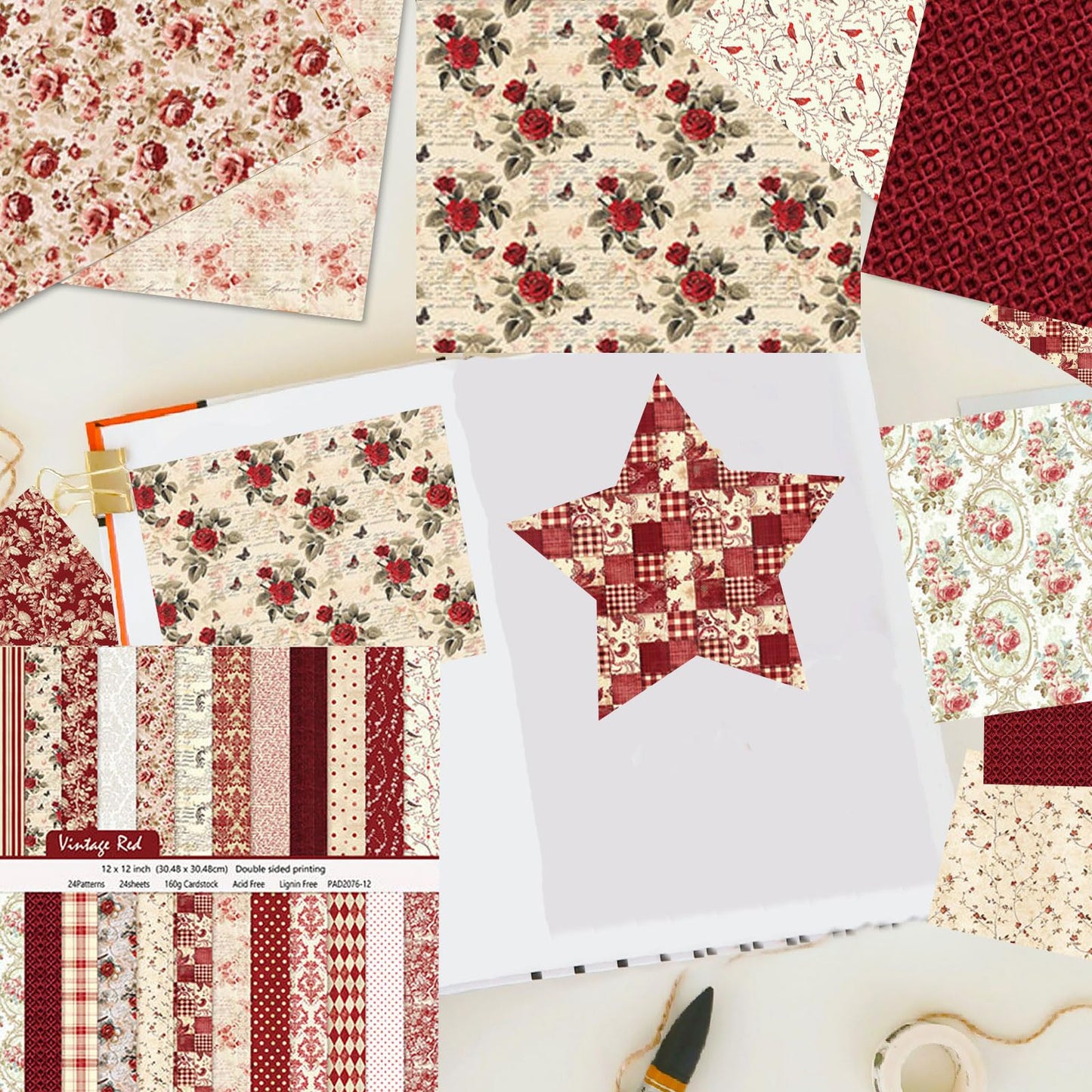 24 Sheets/24 Designs Scrapbook Paper Double Sided Boho Floral decorative craft Pattern Paper for DIY Cards, Junk Journaling, Scrapbooking Supplies and Photo Album Decor (Red-2076, 12x12 Inch)