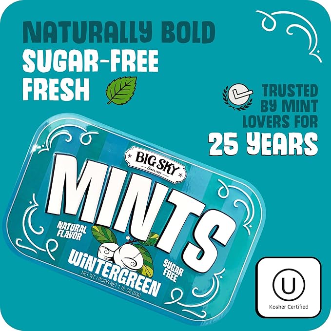 Big Sky Sugar Free Wintergreen Mint Candy, 50g Tin - 6 Count Display Tray