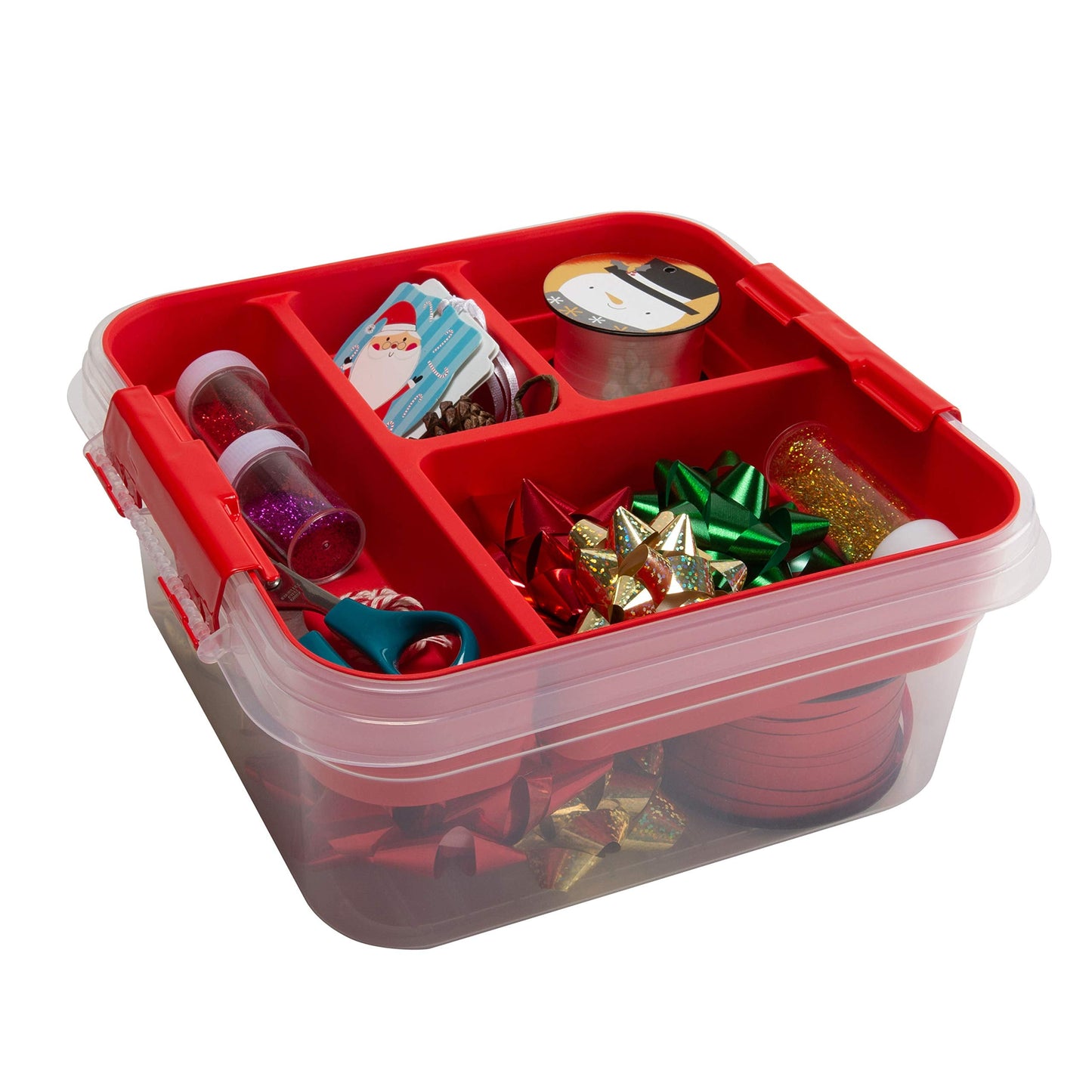 Simplify 5 Compartment Gift Supply Storage Box | 2 Tier Box | Red | Clear Top Lid | Dimensions: 9.5"x 9.5"x 4.5" | Snap Handle| Storage | Wrapping Accessories