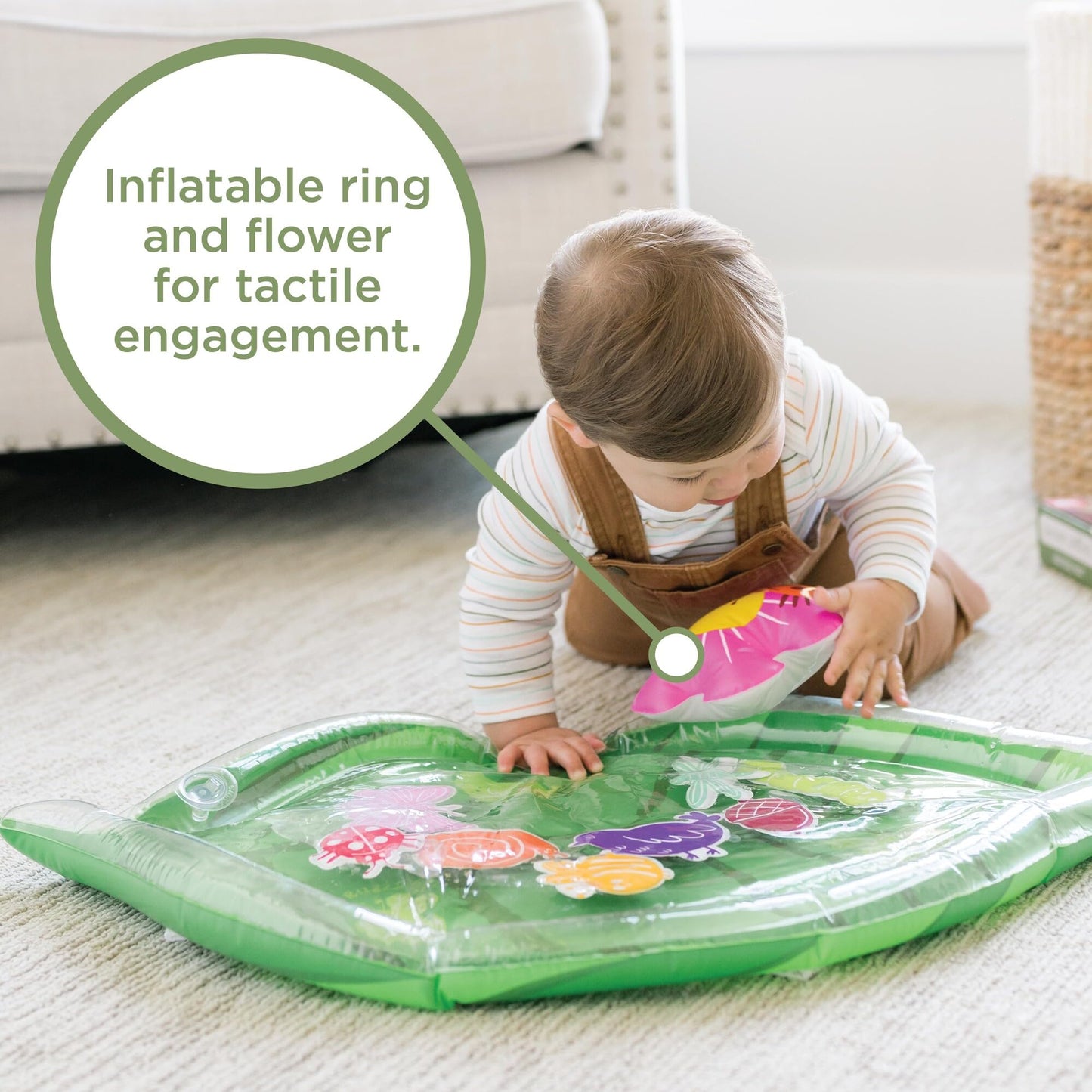 MindWare Sensory Sprouts Baby Water Mat, Inflatable Leaf-Shaped Tummy Time Play Mat with Floating Bugs for Sensory Play, Visual Tracking and Neck Strength Development for Babies 6 Months and Up