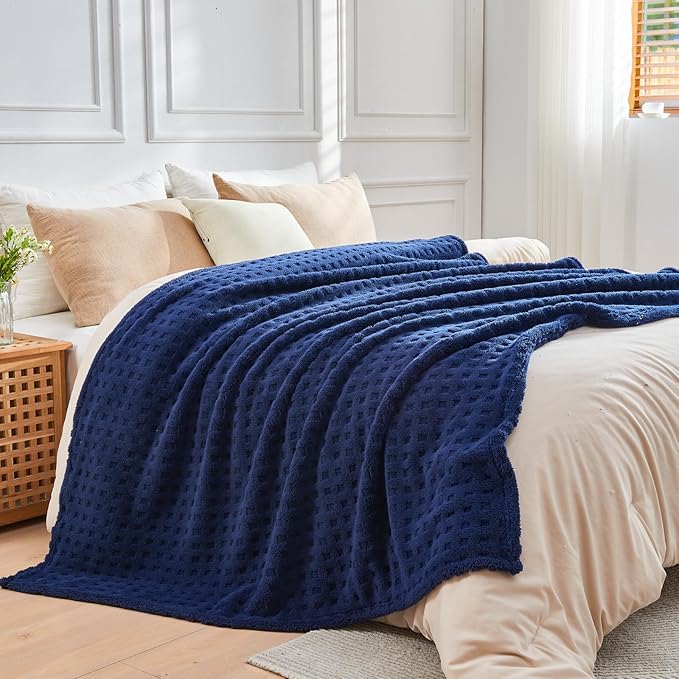 NEWCOSPLAY Super Soft King Blanket Navy Premium Silky Flannel Fleece 3D Waffle Checkered Lightweight Bed Blanket All Season Use (Dark Navy, King(90"x110"))