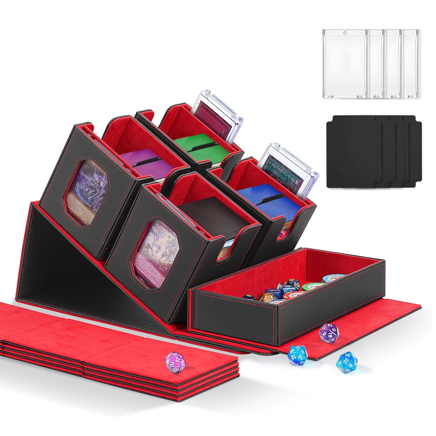 Trading Card Storage Box with Commander Display for MTG, TCG, Sports Cards, 5-in-1 Card Deck Box, Holds 450+ Double-Sleeved Cards, 4 Individual Deck Cases with Covers, Dice Tray & Magnetic Holders