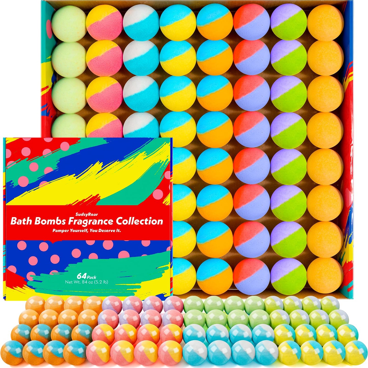 64 Pack Natural Bath Bombs Bulk Set – 8 Scents, Organic Ingredients, Long-Lasting Bubbles, Relaxing Gifts for Women & Men, Self-Care, Birthday, Christmas & Stocking Stuffers