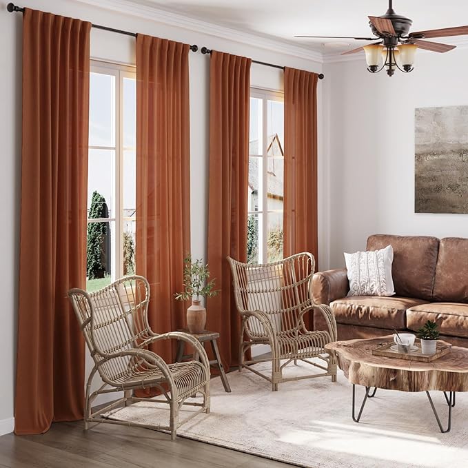 Nanspring Terracotta Semi Sheer Curtains 72 Inches Long 2 Panels Set for Bedroom Back Tab Rod Pocket Light Filtering Drapes Cotton Linen Textured Brick Burnt Orange Living Room Curtain 52X72 Inch