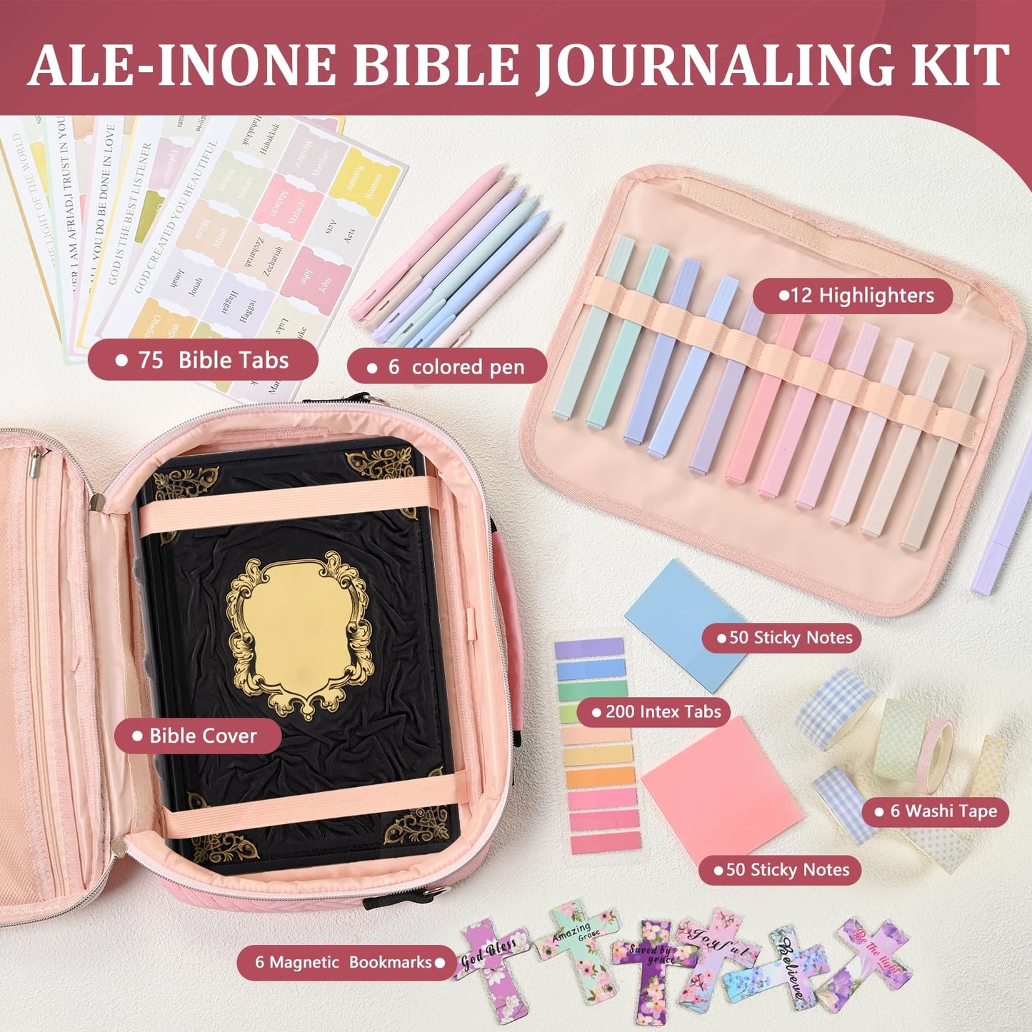 Yozbcfv Bible Cover for Women,Large Bible Bag with Shoulder Strap, Bible Study Supplies Carrier Includes Highlighters Tabs,Journaling Kit Case Packed in Gift Box, Christian Gifts for Women(Pink