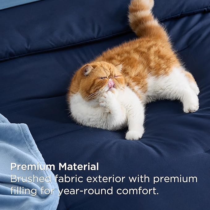Bedsure Full Comforter Set Navy Blue, 8 Pieces Prewashed Full Size Bed in a Bag with Soft Fleece Bed Blanket, Down Alternative Bedding Set for All Seasons, Sheets, Pillowcases & Shams