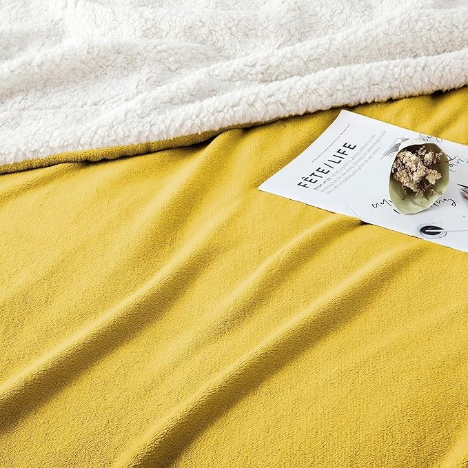 IR Imperial Rooms Ochre Sherpa Fleece Throw Blanket Twin Size for Bed - Wholesale Bulk Pack of 12 Sherpa Blankets - Soft Fluffy Throw Blankets for Hotels, Guest Bedroom (Yellow, 60x80 Inches)