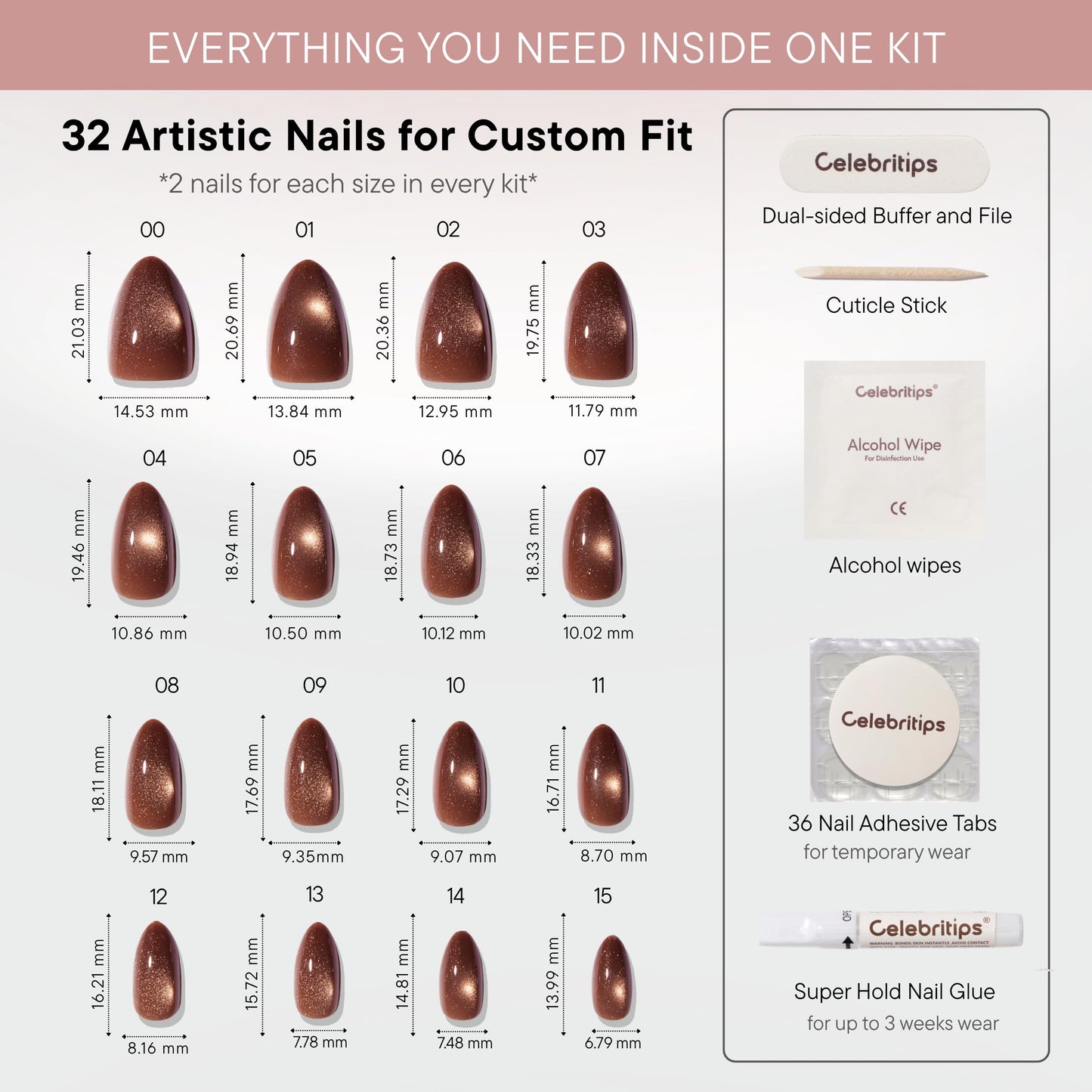 Celebritips Nail Art Press-Ons | Cinnamon Powder, Short Almond Nails, Reusable, Salon Quality Fall Nails | 16 sizes - 32 Nails Kit with Super-hold Nail Glue and Sticky Tabs