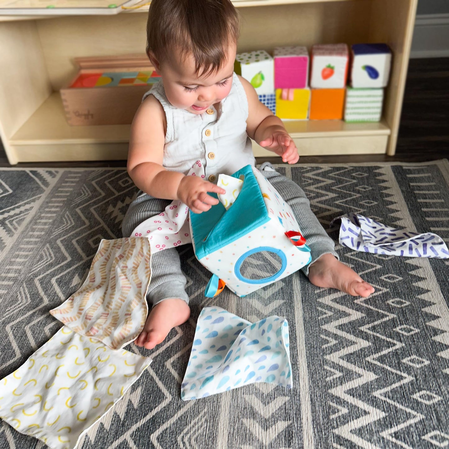 Quiggly Soft Fabric Tissue Box Toy for Babies- Montessori Sensory Development Toy for 6-12 Month Olds - 100% Cotton, Crinkle Tissues, Ribbon Details, Safety Mirror- Ideal for Infant Gross Motor Skills