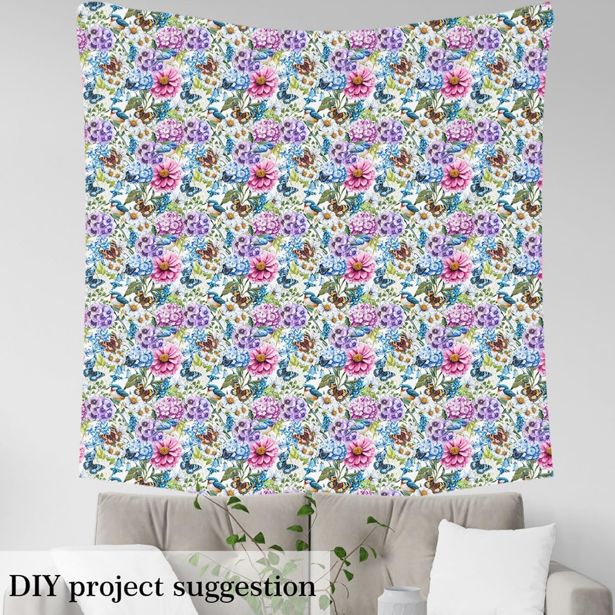 Spring Flowers Fabric by The Yard Sofas,Village Florals Birds Butterflies Flannel Polyester Fabric,Watercolor Garden Pattern Indoor Outdoor Fabric,Farmhouse Style DIY Crafts,1 Yard,36" L x 59" W