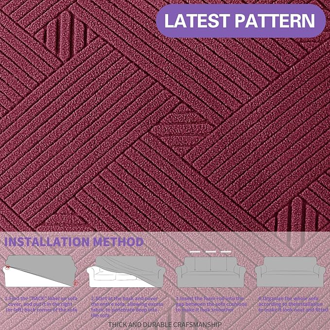 ZNSAYOTX Super Stretch Couch Cover (72"-92"), New Striped Sofa Covers Fitted Slipcovers with Elastic Bottom, Dog Cat Pets Proof Spandex Fabric Comfortable & Durable (Wine Red, Sofa)