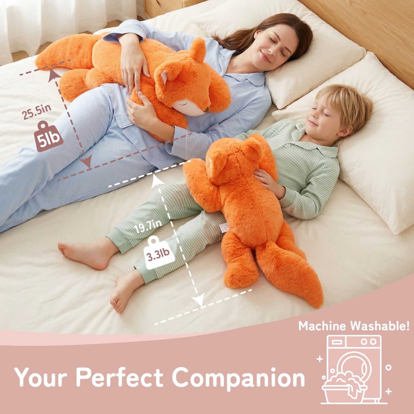 Niuniu Daddy Fox Weighted Stuffed Animals for Kids & Adults, 20" | 3.3lb Large Weighted Plushies Pillow for Sleeping and Calming, Cute Lying Plush Toy Huggable Gift for Everyday Comfort