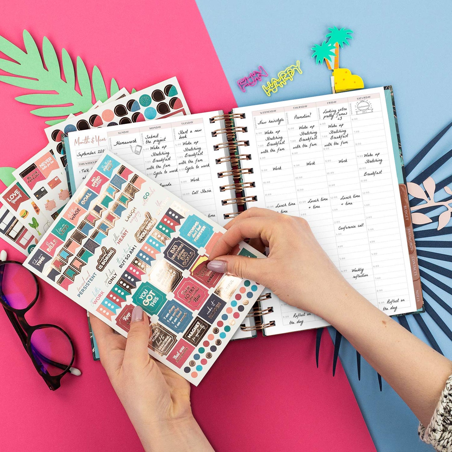 PLANBERRY Hourly Schedule Planner Premium – Undated Weekly Organizer with Time Slots & Monthly Budget – Time Management, Goal Setting, to-Do List & Habit Tracker –6.9″x8.5″(Green Pastures)