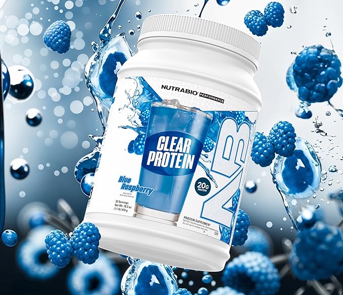 NutraBio Clear Protein Powder, Delicious & Refreshing Fruit Flavors, Protein Juice, No Milky Taste, No Foam, Zero Sugar, Blue Raspberry, 20 Servings