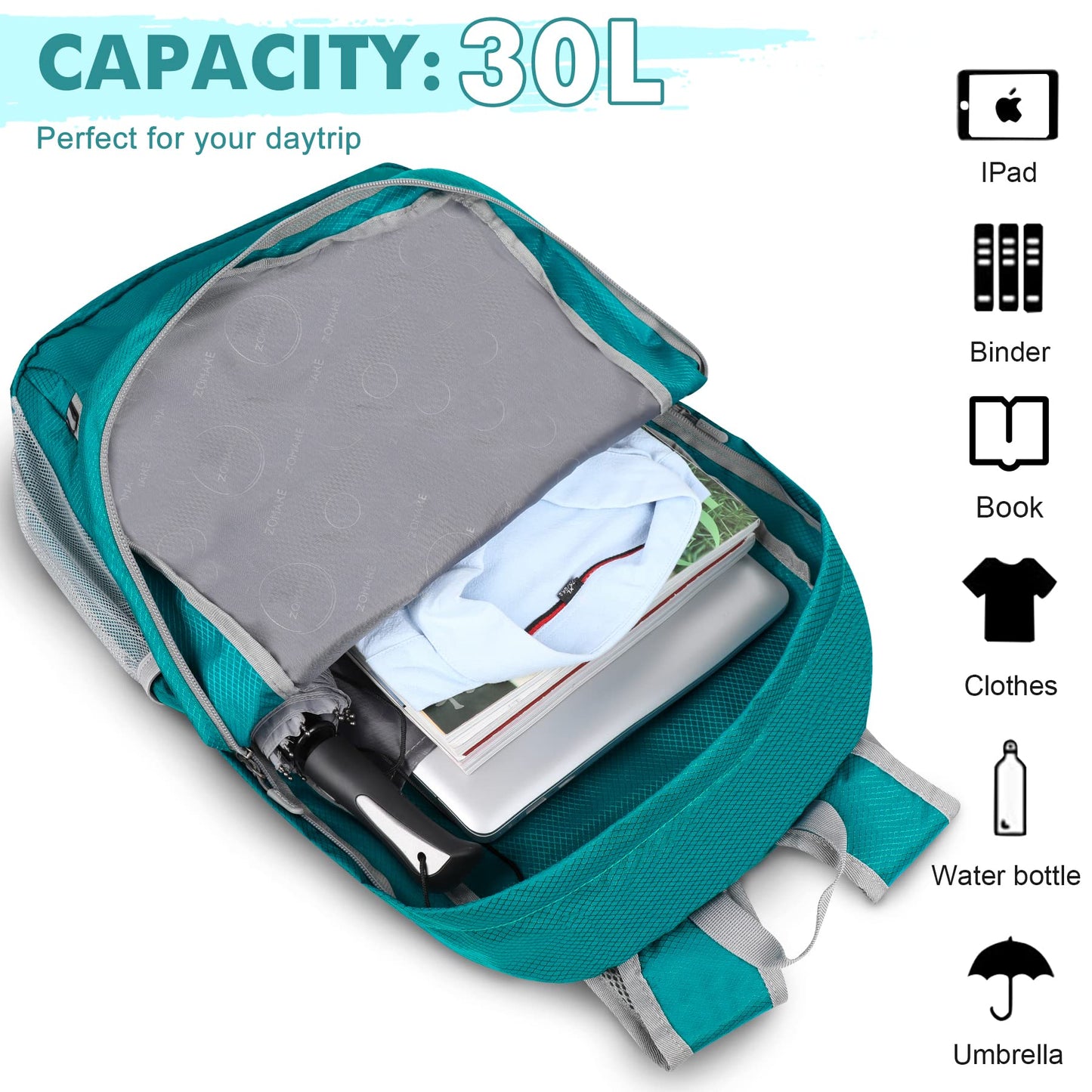 ZOMAKE Lightweight Packable Backpack 30L, Foldable Hiking Backpacks Water Resistant Compact Folding Daypack for Travel(Lake Green)