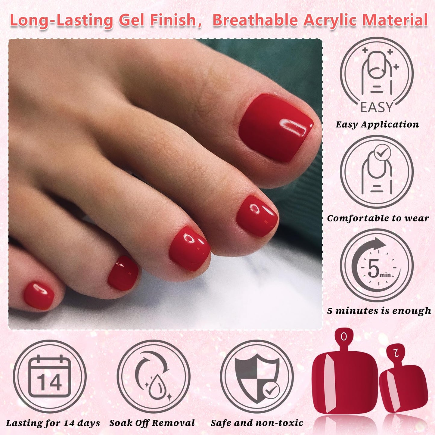 EternalClassic 144pc Press on Toenails for Women Toe Nail Press ons Short Square with Glue&Jelly Glue, Red Fake Toe Nails Glue on Toe Nails, Full Cover Acrylic Artificial Toe Press on Nails