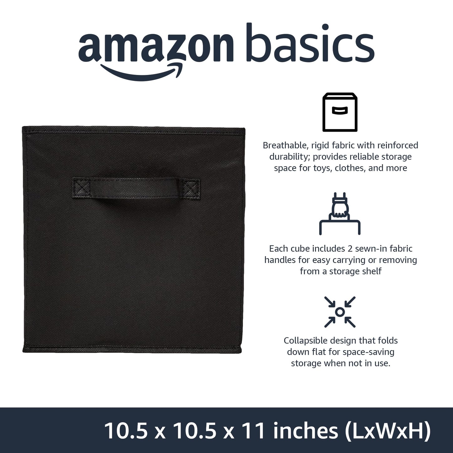 Amazon Basics Collapsible Fabric Storage Bins Organizer with Handles, Sturdy, Foldable, 10.5" x 10.5" x 11", Black, 6-Pack