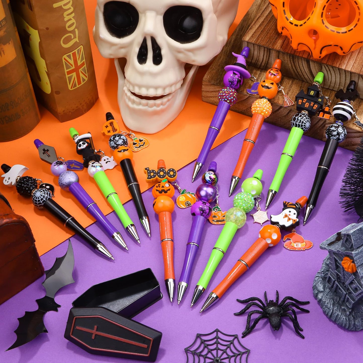 12 Sets Halloween Beadable Pens DIY Pen Making Kit with Bubblegum Beads Silicone Focal Beads - Craft Beads Charms Ballpoint Pens for Halloween