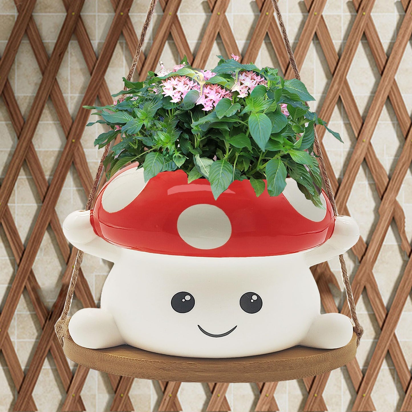 MAKGEWI Mushroom Swing Hanging Planter, Cute Ceramic Face Planter for Indoor & Outdoor, Whimsical Decor for Succulents & String of Pearls, Small Hanging Pot for Home Garden