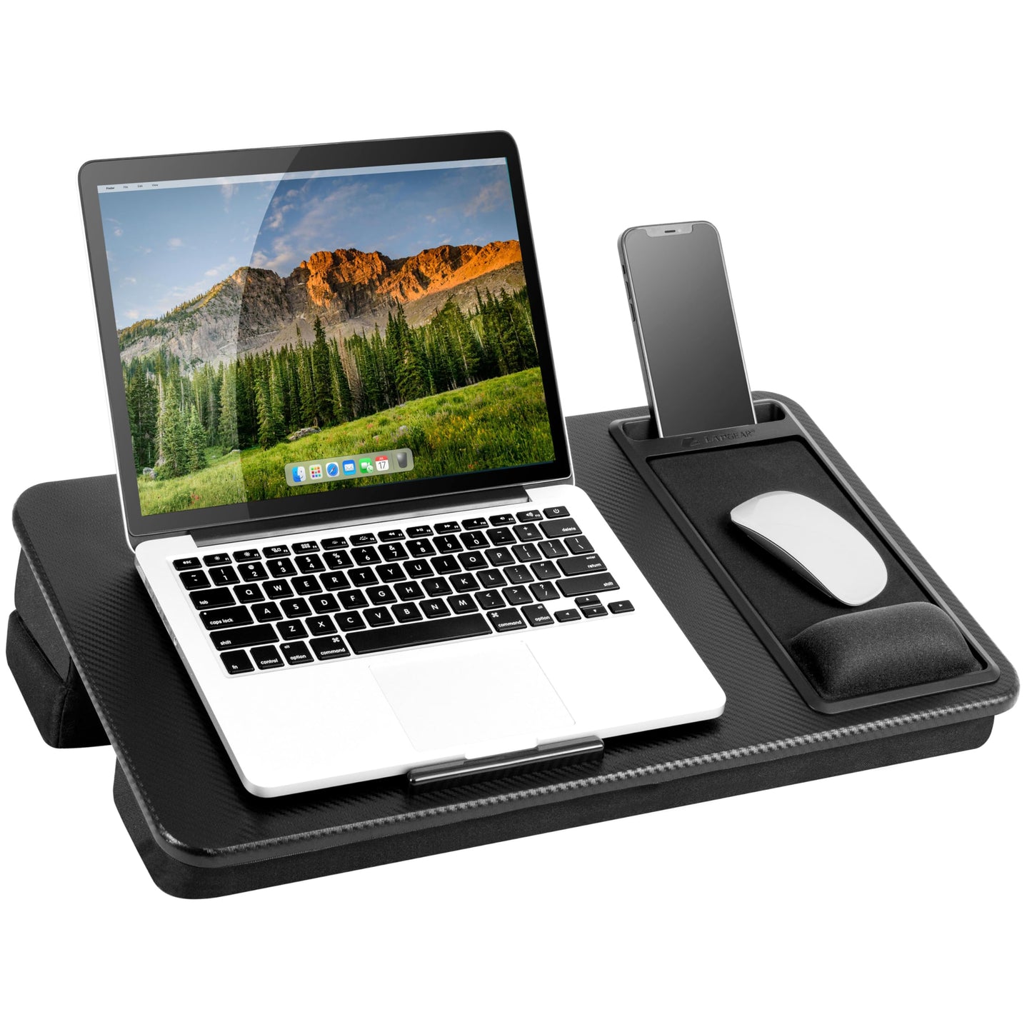 LAPGEAR Extra Large Adjustable Lap Desk – Fits Laptops up to 17.3”, Adjustable Cushion, Memory Foam Wrist Rest, Mouse Pad, Device Ledge, & Phone Slot – Black Carbon - Style No. 88108