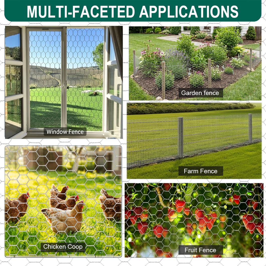 KIMZHE Chicken Wire Fencing, 16 Inx 23Ft(40cm x 7m) Chicken Wire Mesh Roll, 1 in Mesh Poultry Wire Netting, Anti-Rust Hexagonal Galvanized for Chicken Coop Crafts Garden Fence with 50 Zip Ties