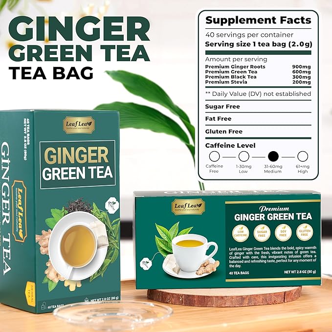 LeafLea Ginger Green Tea, 40 Individually Wrapped Tea Bags of Soothing Green Tea Blend with Natural Ginger Root, Sweetened with Stevia, Supports Digestion and Immunity, Low Caffeine, Sugar-Free