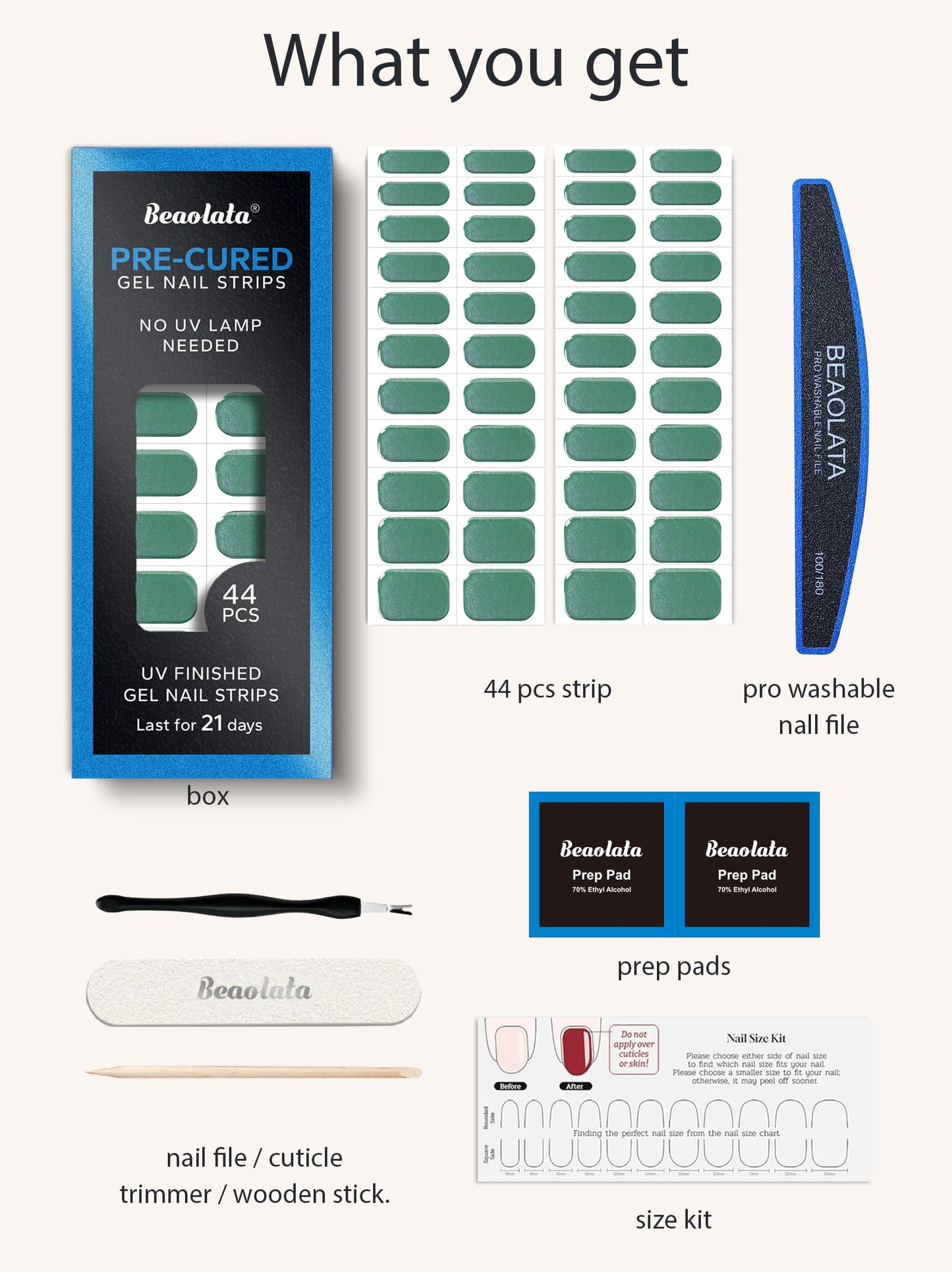 Beaolata Real Gel Nail Strips (No UV Light Needed) - 44Pcs Salon Quality Nail Stickers - Long Lasting Polish Wraps for Women, Easy Apply & Remove (Chrome Needle Green)